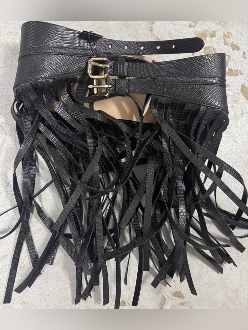BCBGeneration Black Textured Fringe Waist Belt with Double Buckles